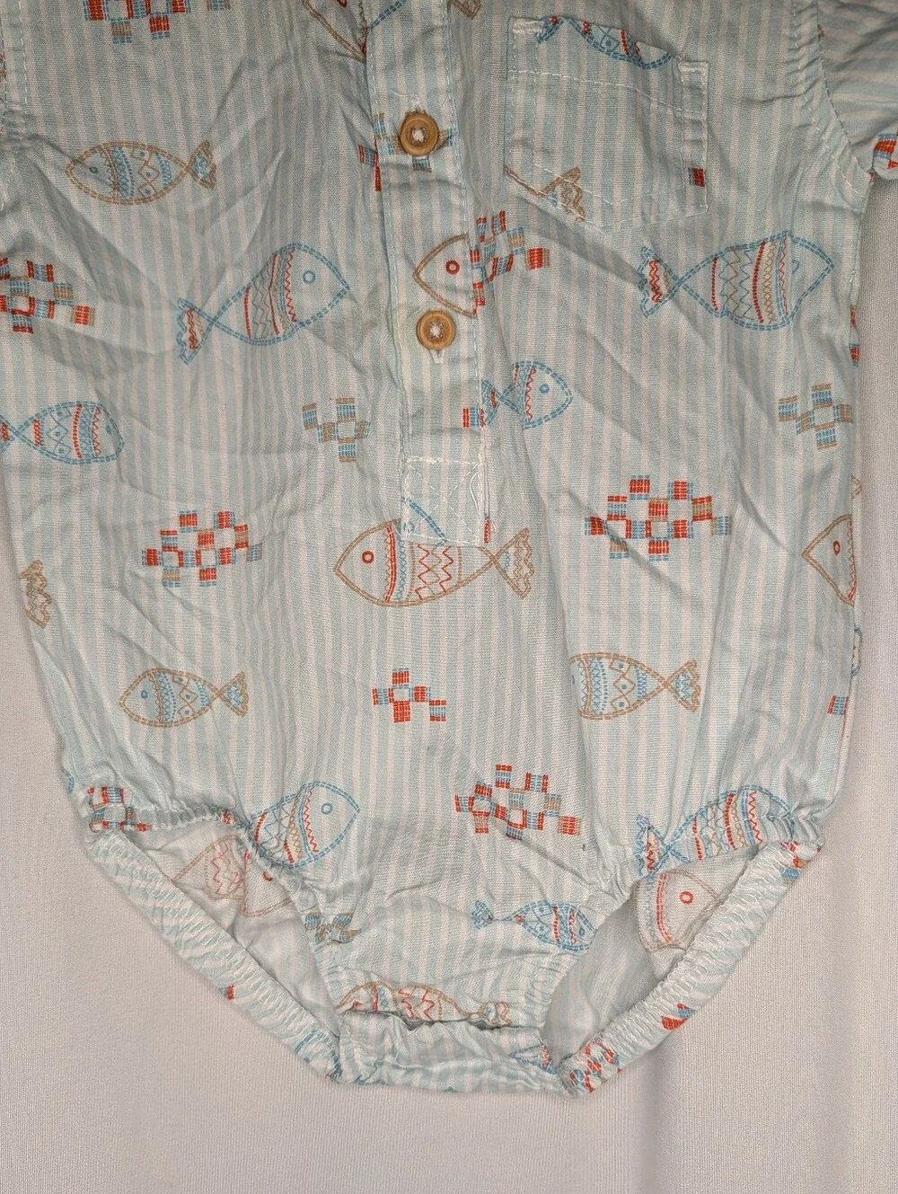 picapino Baby Boy Fish Print Light Blue Striped Bodysuit Romper 6/9M 6-9 Months